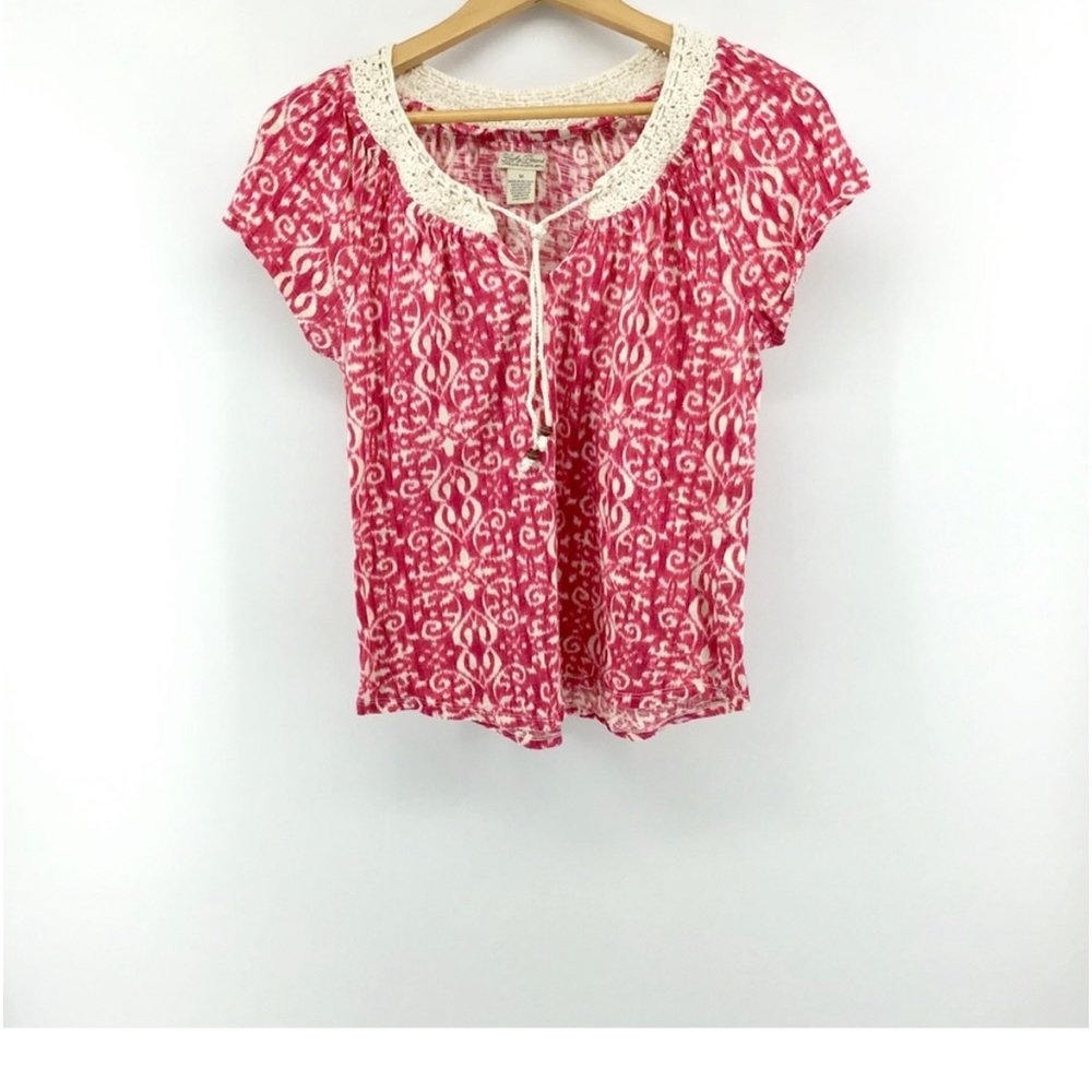 Lucky Brand Short Sleeve Crochet Neckline Top